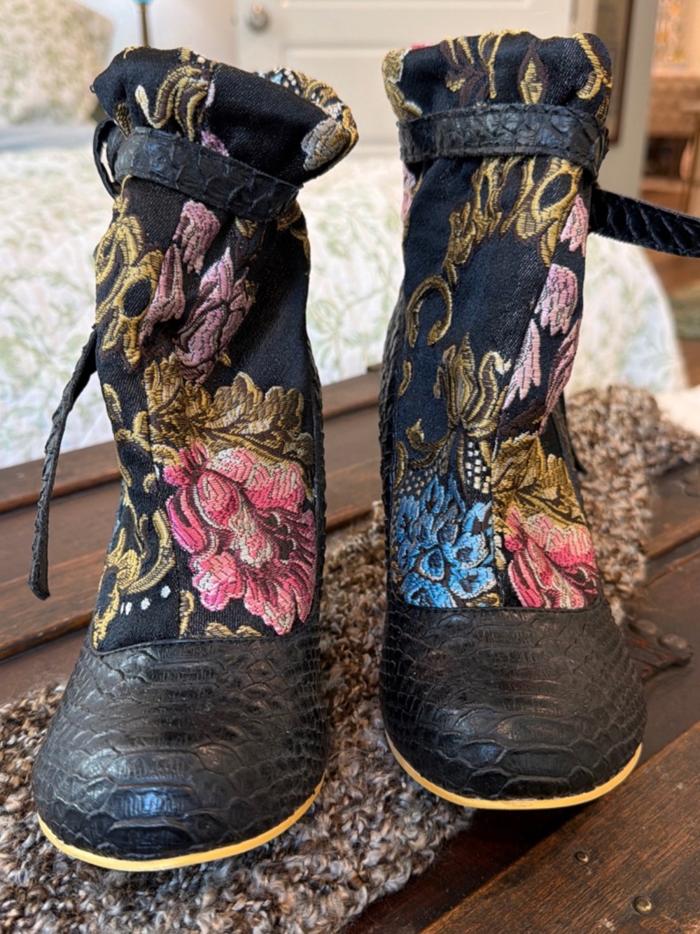 Irregular Choice Floral Tapestry Snakeskin Ankle Boots Chunky Heel Womens Size41